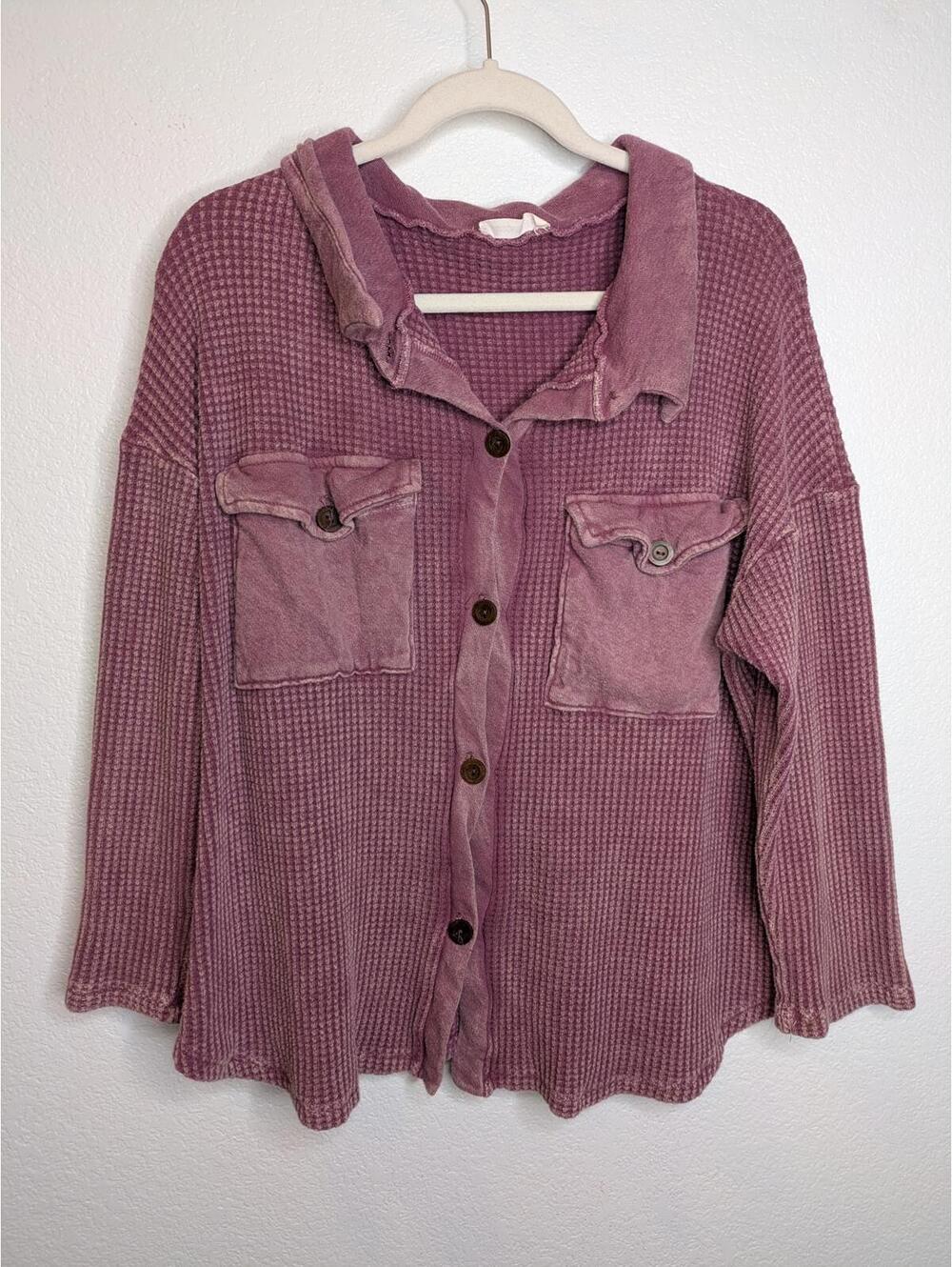 Bucketlist Women's XL Waffle Knit Shacket Purple Button Down Thermal